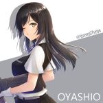  1girl black_hair black_skirt black_vest blue_ribbon breasts dress_shirt gloves hair_ornament hairclip highres kantai_collection large_breasts long_hair neck_ribbon one_eye_closed oyashio_(kancolle) oyashio_kai_ni_(kancolle) ribbon school_uniform seiya_(iiseven) shirt short_sleeves skirt solo tongue tongue_out vest white_gloves white_shirt yellow_eyes 