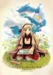  aqua_eyes bad_id bad_pixiv_id bird blonde_hair cloud dove drawing engrish grass hat highres light_smile long_hair oekaki_musume original outdoors rainbow ranguage siro sitting sky smile solo star very_long_hair 