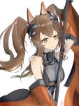  1girl :o angelina_(arknights) animal_ear_fluff animal_ears arknights arknights:_endfield arm_up bare_shoulders blurry blurry_background breasts brown_hair clothes_down coat commentary_request dot_nose double-parted_bangs dress drop_shadow fox_ears fox_girl gilberta_(arknights) grey_dress headpiece high_collar highres holding holding_staff impossible_clothes impossible_dress koko72687867 light_blush long_hair looking_at_viewer medium_breasts raised_eyebrows red_coat signature simple_background sleeveless sleeveless_dress solo staff twintails white_background yellow_eyes 