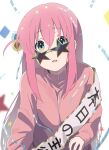  1girl 46_crt absurdres birthday_sash blue_eyes blush bocchi_the_rock! commentary_request confetti cube_hair_ornament glasses gotoh_hitori hair_between_eyes hair_ornament highres jacket long_hair long_sleeves looking_at_viewer one_side_up open_mouth pink_hair pink_jacket simple_background solo star_(symbol) track_jacket upper_body white_background 