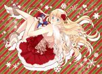  1girl :o blonde_hair blue_eyes christmas dress giantess high_heels long_hair macross macross_frontier miniboy monaka santa_costume saotome_alto sheryl_nome shoes 