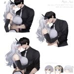  1boy 4girls apple_apel bare_shoulders blush breasts closed_eyes commander_(nikke) commentary english_commentary food food_in_mouth from_side goddess_of_victory:_nikke grey_hair hetero highres kiss large_breasts long_hair looking_at_another multiple_girls nayuta_(nikke) parted_lips pioneer_(nikke) pocky pocky_in_mouth pocky_kiss rapunzel_(nikke) scarlet_(nikke) simple_background snow_white_(nikke) white_background yellow_eyes 