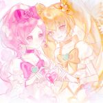  2girls blonde_hair bow bow_choker bowtie brooch chinese_commentary choker clenched_hand collarbone commentary_request cowboy_shot crop_top cure_blossom cure_sunshine dress earrings eyelashes floral_background flower flower_earrings frilled_sleeves frilled_wrist_cuffs frills hair_between_eyes hair_bow hair_flower hair_ornament hanasaki_tsubomi hand_on_own_chest happy heads_together heart heart_brooch heart_hands heart_hands_duo heartcatch_precure! high_ponytail highres jewelry light_particles long_hair looking_at_viewer magical_girl midriff multiple_girls myoudouin_itsuki open_mouth orange_bow orange_bowtie orange_choker orange_wrist_cuffs pink_bag pink_bow pink_bowtie pink_choker pink_flower pink_hair pink_wrist_cuffs ponytail precure puffy_short_sleeves puffy_sleeves shirt short_sleeves sparkle square_neckline sunflower twintails very_long_hair waist_bag wavy_hair white_background white_dress white_shirt wrist_cuffs wrist_flower yellow_eyes yellow_flower yijian_duijiu 