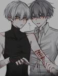  2boys 7_i_i aegyo_sal black_gloves black_shirt blue_eyes collared_shirt cowboy_shot double-parted_bangs fingerless_gloves gloves grey_hair hair_between_eyes hand_on_another's_wrist highres holding holding_razor male_focus multiple_boys open_mouth original outstretched_arm razor scar scar_on_arm self-harm shirt short_hair sleeveless sleeveless_shirt sweatdrop translation_request turtleneck white_hair white_shirt worried wrist_cutting yaoi yellow_eyes 