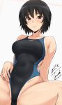  1girl absurdres amagami arm_behind_back arm_support artist_name black_hair black_one-piece_swimsuit blue_one-piece_swimsuit blush breasts brown_eyes closed_mouth collarbone commentary competition_swimsuit covered_navel dated groin hair_between_eyes hand_on_own_stomach highres large_breasts light_blush nanasaki_ai one-piece_swimsuit pink_background raised_eyebrows revision short_hair signature sitting solo spread_legs swimsuit two-tone_one-piece_swimsuit white_background wide_spread_legs yoo_tenchi 