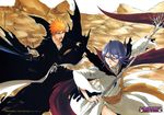  1girl alternate_weapon bankai bleach dark_rukia dust highres kubo_taito kuchiki_rukia kurosaki_ichigo official_art orange_hair purple_hair scythe sword tensa_zangetsu_(bankai) wallpaper weapon 