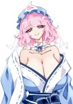  1girl blue_hat blue_kimono breasts cleavage closed_mouth commentary hat highres huge_breasts japanese_clothes kimono long_sleeves mob_cap pink_eyes pink_hair raptor7 ribbon-trimmed_sleeves ribbon_trim saigyouji_yuyuko short_hair simple_background smile solo touhou triangular_headpiece upper_body white_background wide_sleeves 