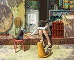  black_hair bug butterfly cat chalk copyright_request g_tong head_rest insect jacket sandals shop side_ponytail sitting solo sulking writing 