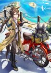  1girl absurdres animal_ears beach bird black_boots black_hair black_pants blush boots brown_eyes brown_hair closed_mouth coat collared_shirt commentary_request ear_covers goggles goggles_on_headwear hair_between_eyes hands_in_pockets helmet highres honda honda_super_cub horse_ears horse_girl horse_tail long_hair motor_vehicle motorcycle_helmet multicolored_hair outdoors pants scooter shirt smile solo stay_gold_(sunlit_outsider)_(umamusume) stay_gold_(umamusume) tail tatsumi_yashiro torn_clothes torn_coat umamusume water white_hair white_shirt wrist_belt yellow_coat 