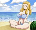  beach bikini blonde_hair breasts covered_nipples day food fruit huge_breasts indian_style my-hime non-web_source outdoors red_eyes sitting solo suzushiro_haruka swimsuit watermelon 