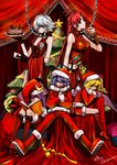  :p antlers blonde_hair blue_eyes blue_hair book boots braid breasts cake chain christmas christmas_tree cleavage crossed_arms fang flandre_scarlet food gloves hair_over_one_eye hat highres hong_meiling izayoi_sakuya knee_boots kneehighs large_breasts long_hair medium_breasts midriff multiple_girls navel one_side_up pastry patchouli_knowledge purple_eyes purple_hair reading red_eyes red_hair remilia_scarlet santa_costume santa_hat short_hair smile socks spread_legs striped tima tongue tongue_out touhou very_long_hair white_hair wings wreath 