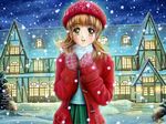  artist_name brown_eyes brown_hair coat hat mittens original rakia_(cg_garden) smile snow snowing solo 