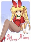  animal_ears bell blonde_hair blush bunny_ears bunnysuit capelet christmas detached_collar fake_animal_ears fate_testarossa fishnet_pantyhose fishnets hair_bell hair_ornament halftone halftone_background high_heels long_hair looking_at_viewer lyrical_nanoha mahou_shoujo_lyrical_nanoha mahou_shoujo_lyrical_nanoha_a's masakichi_(crossroad) merry_christmas pantyhose red_eyes red_footwear shoes smile solo twintails 