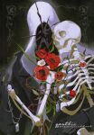  1boy artist_name black_background black_coat black_gloves charon_(reverse:1999) coat dog_tags flower gastbie gloves highres holding_dog_tags male_focus object_head poppy_(flower) red_flower reverse:1999 skeleton skull solo thorns upper_body veil white_veil 