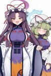  2girls absurdres ai-generated blue_archive blush breasts cosplay dakini_tencho fang green_eyes halo hat highres large_breasts long_hair looking_at_viewer mob_cap multiple_girls name_connection purple_eyes purple_hair purple_tabard sideboob_cutout skin_fang tabard touhou yakumo_(blue_archive) yakumo_yukari yakumo_yukari_(cosplay) yukari_(blue_archive) 