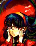  adjusting_eyewear amagi_yukiko arrow_through_heart bad_id bad_pixiv_id bangs black_eyes black_hair cardigan closed_mouth floating_hair glasses hairband hands_on_own_cheeks hands_on_own_face houhou_(black_lack) long_hair long_sleeves looking_at_viewer over-rim_eyewear persona persona_4 red-framed_eyewear red_background school_uniform semi-rimless_eyewear serafuku smile solo upper_body very_long_hair yasogami_school_uniform 