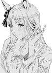  1girl animal_ears blush bow cardigan closed_mouth commentary ear_bow grass_wonder_(umamusume) greyscale hand_in_own_hair highres horse_ears horse_girl long_hair long_sleeves looking_at_viewer monochrome shirt simple_background smile solo sugarbeat umamusume untranslatable_commentary white_background 