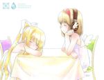  air blonde_hair closed_eyes company_connection crossover hair_ribbon hairband headphones hinohino kamio_misuzu kanon key_(company) long_hair multiple_girls orange_hair ribbon short_hair table tsukimiya_ayu wings 