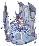  1girl absurdres alternate_costume animal_ears black_gloves blue_flower blue_rose blush boots bow breasts brown_hair commentary_request dagger dress ear_bow fascinator faux_figurine fingerless_gloves flipped_hair flower gloves hair_over_one_eye hat hat_flower high_heel_boots high_heels highres holding holding_sword holding_weapon horse_ears horse_girl horse_tail knife leotard long_hair looking_at_viewer off-shoulder_dress off_shoulder open_mouth pantyhose purple_eyes rice_shower_(umamusume) rose solo sword tail tatsumi_yashiro tilted_headwear umamusume weapon white_boots white_leotard 