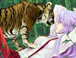  akaya animal arms_behind_head arms_up eyelashes fujiwara_no_mokou lavender_hair lying red_eyes solo suspenders tiger touhou 