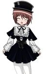  1girl boku boku_in_black brown_hair eyes_closed female hat open_mouth rozen_maiden short_hair simple_background smile solo souseiseki 