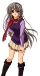  blue_eyes boots casual clannad hairband highres leaning_forward long_hair non-web_source open_mouth sakagami_tomoyo scarf silver_hair skirt solo transparent_background very_long_hair 