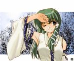  :d arm_up armpits brown_eyes hair_ornament hana_(hana_mo_arashi_mo) kochiya_sanae long_hair looking_at_viewer nontraditional_miko open_mouth parted_lips smile snake_hair_ornament solo touhou upper_body vest 