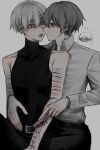  2boys 7_i_i aegyo_sal belt black_gloves black_shirt blue_eyes collared_shirt double-parted_bangs fingerless_gloves gloves grey_hair hair_between_eyes highres holding holding_razor imminent_kiss male_focus multiple_boys original razor scar scar_on_arm self-harm shirt short_hair sleeveless sleeveless_shirt tongue tongue_out turtleneck white_hair white_shirt wrist_cutting yaoi yellow_eyes 