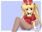  animal_ears bell blonde_hair blue_background blush bunny_ears bunnysuit capelet christmas detached_collar fake_animal_ears fate_testarossa fishnet_pantyhose fishnets hair_bell hair_ornament highres long_hair looking_at_viewer lyrical_nanoha mahou_shoujo_lyrical_nanoha mahou_shoujo_lyrical_nanoha_a's masakichi_(crossroad) pantyhose red_eyes simple_background smile solo two_side_up wallpaper watermark web_address 