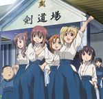  5girls artist_request azuma_satori bamboo_blade blue_hakama bob_cut chiba_kirino eiga_danjuurou hakama japanese_clothes kawazoe_tamaki kendo kuwahara_sayako lowres miyazaki_miyako multiple_boys multiple_girls nakata_yuuji 