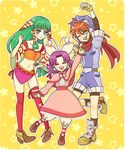  2girls blush closed_eyes dress earrings feena_(grandia) friends full_body grandia grandia_i green_eyes green_hair hair_tubes jewelry justin_(grandia) layered_sleeves long_hair midriff multiple_girls one_eye_closed pinkmm purple_hair puui_(grandia) shoes smile standing standing_on_one_leg star starry_background sue_(grandia) thighhighs white_bloomers yellow_background zettai_ryouiki 