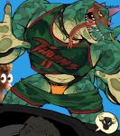 absurd_res anthro blush bottomwear bottomwear_down choker claws clothed clothing duo facial_piercing hi_res jewelry komodo_dragon lizard makota_toh male modo_olachenko monitor_lizard multicolored_body muscular muscular_anthro muscular_male necklace nose_piercing open_mouth orange_clothing orange_underwear partially_clothed piercing reptile scales scalie seducing_viewer seductive sharp_teeth shorts shorts_down spikes spikes_(anatomy) teeth thick_thighs tongue tongue_out underwear yellow_sclera