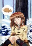  artist_request bag brown_hair closed_eyes food forest hairband highres kanon mittens nature official_art scan short_hair sitting sleeping sleeping_upright snow solo taiyaki tsukimiya_ayu wagashi wings 