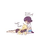  2girls ahoge barefoot black_hair black_shirt blonde_hair blue_skirt chibi cho_kaguya-hime! commentary english_commentary english_text green_eyes hug kaguya_(cho_kaguya-hime!) looking_at_another looking_down lying mole mole_under_eye multiple_girls on_stomach pleated_skirt sakayori_iroha sher_(imnotsher) shirt short_sleeves sitting skirt smelling socks white_background white_shirt white_socks yuri 