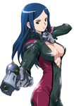  artist_request biker_clothes bikesuit black_eyes blue_hair bodysuit breasts cleavage dual_wielding gun holding kuga_natsuki long_hair medium_breasts my-hime open_clothes open_shirt shirt solo weapon 