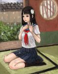  bad_id bad_pixiv_id black_hair copyright_request kneeling long_hair pon red_eyes school_uniform skirt socks solo 