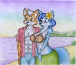  abs absurd_res anthro anthro_on_anthro athletic athletic_anthro athletic_male beach big_breasts blue_body blue_fur blue_hair bottomwear breasts canid canine clothed clothing coconut_bra duo female fox fox_mccloud fur grass_skirt hair hi_res intraspecies krystal_(star_fox) male male/female mammal navel nintendo open_clothing open_shirt open_topwear orange_body orange_fur shirt sinaherib skirt smile star_fox swimming_trunks swimwear topwear water 