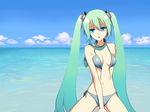  aqua_hair bad_id bad_pixiv_id bare_shoulders bikini blue blue_background blue_bikini blue_eyes breasts chimachi cloud day hatsune_miku long_hair necktie ocean open_clothes outdoors sky small_breasts solo swimsuit twintails vocaloid water 