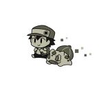  1boy arms_up backpack bag bulbasaur closed_mouth cowboy_hat fang greyscale hat male_focus monochrome open_mouth pants pokemon pokemon_(creature) pokemon_rgby red_(pokemon) running shirt simple_background smile solid_oval_eyes ssalbulre white_background 