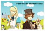  3boys alice_(wonderland) alice_(wonderland)_(cosplay) alice_in_wonderland angry animal_ears apron aqua_eyes bad_id bad_pixiv_id black_hair blazer blonde_hair blush bow bowtie brick brooch brown_eyes brown_hair bunny_ears buttons card castle cat_ears cat_tail cellphone cellphone_charm chair cheshire_cat cheshire_cat_(cosplay) cloud cosplay crossdressing cup dress dress_shirt flag flower formal frills garden grey_eyes hairband hanamura_yousuke hands happy hat headband headphones headphones_around_neck heart houhou_(black_lack) jacket jewelry kuma_(persona_4) long_hair mad_hatter mad_hatter_(cosplay) march_hare multiple_boys narukami_yuu neck necktie one_eye_closed open_mouth otoko_no_ko parody pastels persona persona_3 persona_4 pharos phone ribbon rose shirt short_hair silver_hair sky smile star steam stitching striped suit tail tea teacup text_focus texting tongue top_hat tower vest white_rabbit white_rabbit_(cosplay) 