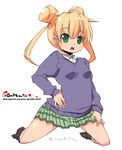  blonde_hair copyright_request double_bun green_eyes oekaki onija_tarou plaid skirt solo sweater twintails 