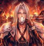  1boy armor black_coat black_gloves broken_cup chest_strap coat cup drinking fiery_background final_fantasy final_fantasy_vii fire gloves green_eyes grey_hair highres holding holding_cup long_hair male_focus monsterbf1ilove parted_bangs pauldrons redrawn sephiroth shoulder_armor silver_bangle slit_pupils solo twitter_username zipper 