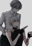  2boys 7_i_i aegyo_sal black_gloves black_shirt blue_eyes collared_shirt double-parted_bangs fingerless_gloves gloves grey_hair hair_between_eyes hand_on_another's_neck hand_on_another's_shoulder highres holding holding_razor male_focus multiple_boys original razor scar scar_on_arm self-harm shirt short_hair sleeveless sleeveless_shirt smile standing turtleneck white_hair white_shirt wrist_cutting yaoi yellow_eyes 