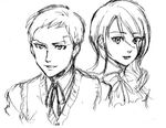  1boy 1girl greyscale kirijou_mitsuru lowres monochrome persona persona_3 sanada_akihiko sketch 