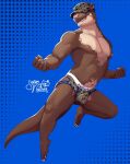 anthro baseball_cap blue_background blue_bottomwear blue_clothing bottomwear brown_body brown_fur clothing fist fur hat headgear headwear jockstrap lars_(rudderbutts) long_tail male mammal muscular mustelid nipples otter pink_nipples pink_nose river_otter senor_nutria simple_background solo tail underwear watermark