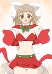  blush bow breasts brown_eyes brown_hair capelet christmas cleavage copyright_request hair_bow hair_ornament kusaka_souji large_breasts lingerie midriff miniskirt mittens navel open_mouth panties red_capelet ribbon santa_costume short_hair skirt smile solo underwear 