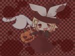  bad_id bad_pixiv_id blonde_hair bow checkered checkered_background halloween hat jack-o'-lantern kagamine_rin pumpkin red_background sakuramori_sumomo short_hair solo trick_and_treat_(vocaloid) vocaloid wand 