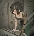  1girl bathroom black_hair breasts closed_eyes closed_mouth commentary green_pants grey_shirt highres medium_breasts misg1111 moses_(project_moon) multicolored_hair pants project_moon prosthesis prosthetic_arm shirt short_hair solo streaked_hair tank_top the_distortion_detective tile_wall tiles toothbrush untranslatable_commentary white_streaks 
