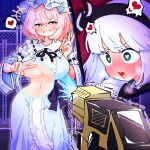  +++ 2girls black_bow black_bowtie black_hairband black_ribbon blue_hat blue_kimono blush bow bowtie breasts breath collared_shirt commentary frilled_kimono frills gram_9 green_eyes grey_hair grin hairband hat heart heart-shaped_pupils highres holding japanese_clothes kimono konpaku_youmu large_breasts mob_cap multiple_girls navel neck_ribbon pink_hair ribbon ribbon-trimmed_collar ribbon_trim saigyouji_yuyuko shirt sleeve_garter smile spoken_heart sweat symbol-shaped_pupils touhou trembling triangular_headpiece underbust v w white_shirt wide_sleeves yuri 