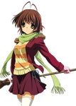  antenna_hair broom brown_eyes brown_hair casual clannad furukawa_nagisa green_scarf highres jacket kadowaki_miku official_art open_clothes open_jacket scarf skirt solo sweater thighhighs transparent_background zettai_ryouiki 